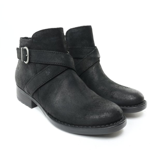 Born Trinculo Buckle Cross-strap Heeled Boots Leather Ankle Bootie Sz W7 Black - Picture 3 of 16